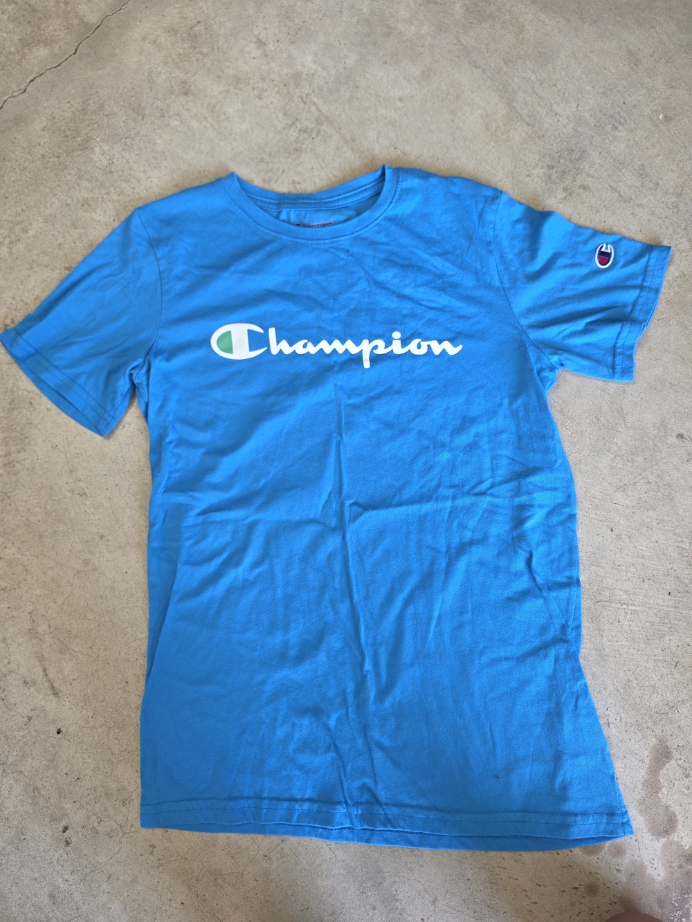 Champion Script Logo Graphic T-Shirt | Kids XL | Bright Blue Short Sleeve Tee